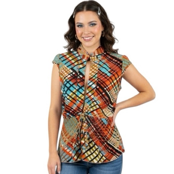 Y2K Luly K New York Tie Front Blouse Sz L Retro Geometric Print Sleeveless Top - Picture 1 of 10